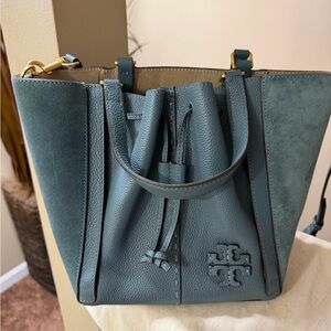Tory Burch Teal Leather & Suede Drawstring Tote